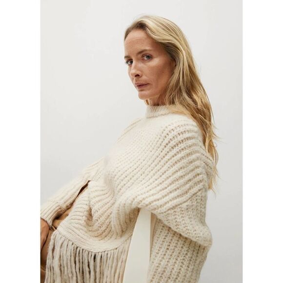 Mango Fringe Knit Sweater Ecru New - Picture 3 of 5